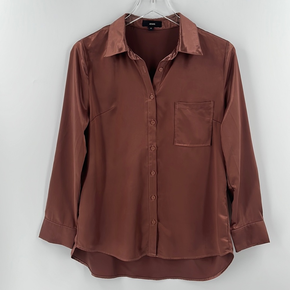 Vintage Brown Satin Button Down Blouse
